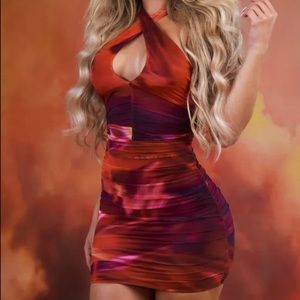 Oh polly x Tammy Hembrow CROSSOVER RUCHED MESH MINI DRESS IN ORANGE